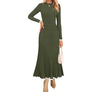 Fall-Ready Crewneck Maxi Dress - Long Sleeve Ribbed Knit in Army Green XL